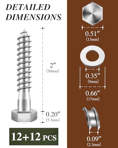 (2Box) 5/16" x 2" Hex Head Lag Screws Bolts with Flat Washers, 24Sets 304 Stainless Steel 18-8 Heavy Duty 5/16 Lag Bolts for Wood with Hex Socket - size: 5/16" x 2", style: 2-Box