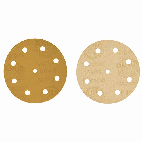 Dura-Gold 5" Gold Sanding Discs, 400 Grit, Box of 50, 9 Hole Pattern, H & L - size: 400-Grit