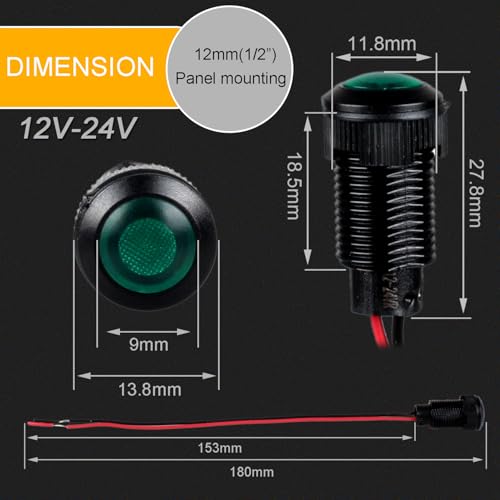 5pcs 12mm 12V-24V LED Indicator Light Plastic Black Signal Dot Lamp 12V-24V 1/2 inches Mounting Hole Size with 15cm/5.9in. Wire (Green LED) - color: Green, size: 12mm 12-24V