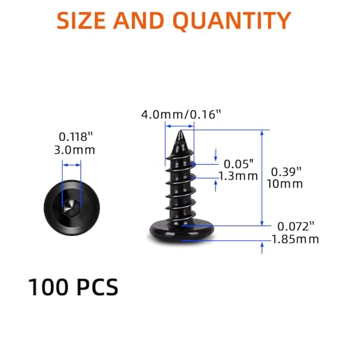 M4 x 10mm Flat Head Socket Cap Self Tapping Screws, 304 Stainless Steel, Hex Drive, Black Finish, 100 PCS - size: M4 x 10mm