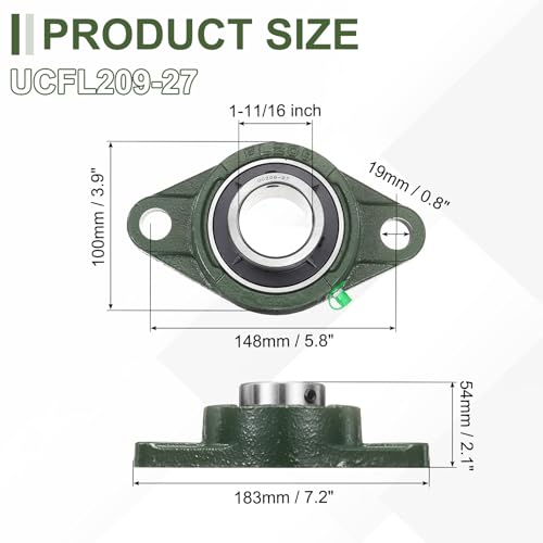 uxcell UCFL209-27 Pillow Block Bearings 1-11/16 in Bore Chrome Steel, ABEC3 - size: UCFL209-27 (Bore 1-11/16")