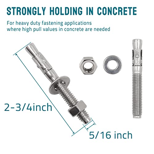 5/16 Concrete Anchors, Stainless Steel Wedge Anchors, 5 Pack - size: 5/16" x 2-3/4"