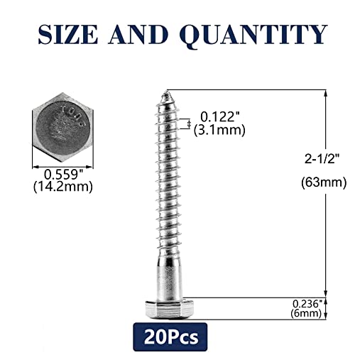 3/8" x 2-1/2" Hex Head Lag Screws Bolts 20Pcs 304 Stainless Steel 18-8, Partial Thread, Hexagon Head Wood Screws by SG TZH - size: 3/8-16 x 2-1/2"