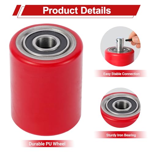 Two Packs of Pallet Jack/Truck Wheels 3” x 3.75” PU Poly Tread, 20mm ID Bearings, Full Set with Axles, Pins and Entry Exit Roller - color: Red