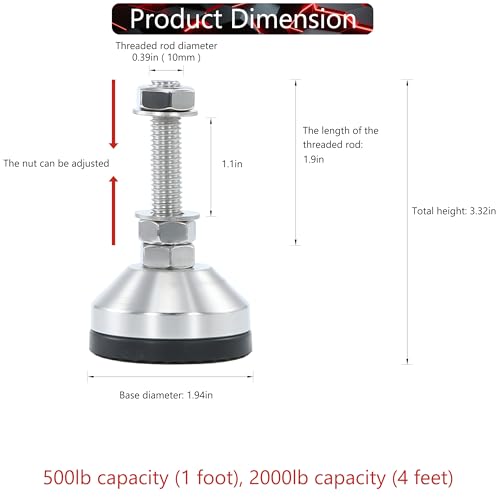 Heavy Duty 2000 lb Capacity Stainless Steel Adjustable Leveling Feet for Shelving,Machinery Devices, Workbench,Furniture,M10 Thread, 1.94inches Dia Base, Anti-Slip Nylon Pad - color: Black, size: B1.94in x M10x H1.97in