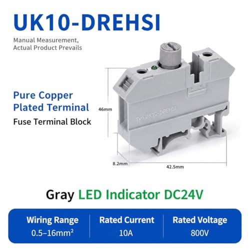 5PCS Gray DIN Rail Fuse Holders, 24V LED. 10PCS 10A Ceramic Fuses Included - color: 10A Gray