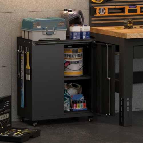 GREATMEET Garage Storage Cabinet with Wheels, Mobile Rolling Tool Cabinet - color: Black