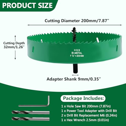 7.87 Inches/200mm Bi-Metal Hole Saw with Arbor & Pilot Bit - color: Green, size: 7.9 inches