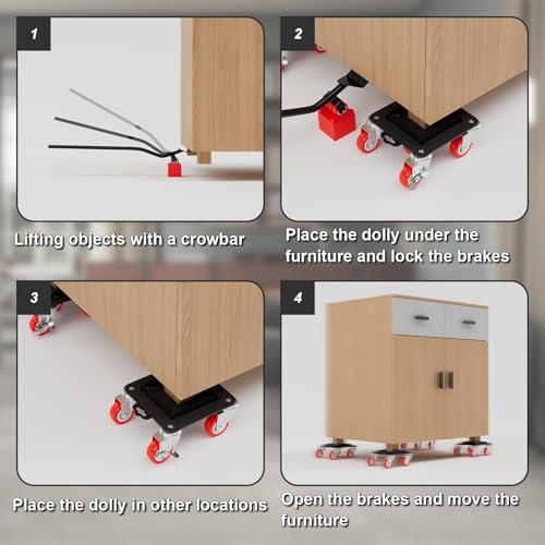 MYUEA Furniture Dolly 5 Wheels Heavy Duty with Removable Side Guards,3307 Lbs Capacity,360° Rotating Wheels & Side Brake,Furniture Movers Lifter Tool with Wheels for Appliances,Sofas,Beds,Pianos - color: Red, size: 1.97 in wheels