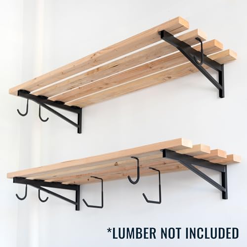 StoreYourBoard 24 Inch Heavy Duty Shelf Brackets, Set of 4 for 2' x 4' DIY Garage Wall Shelves, Holds 600 lbs, Solid Steel, Includes 6 Hooks for Hanging Storage, 23.75" x 1" x 9.5" - size: 2' x 4'