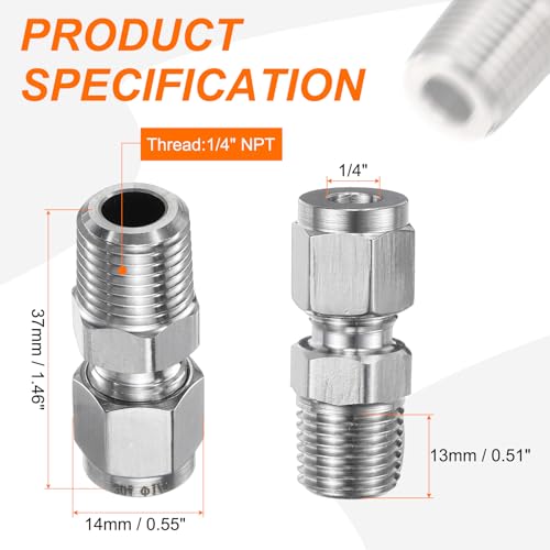 HARFINGTON 2pcs Compression Fitting 1/4" Tube OD x 1/4" NPT Male Thread Stainless Steel Straight Coupler Adapter Compression Tube Pipe Fitting Connector for Oil Gas Water - size: 1/4" OD x 1/4" NPT