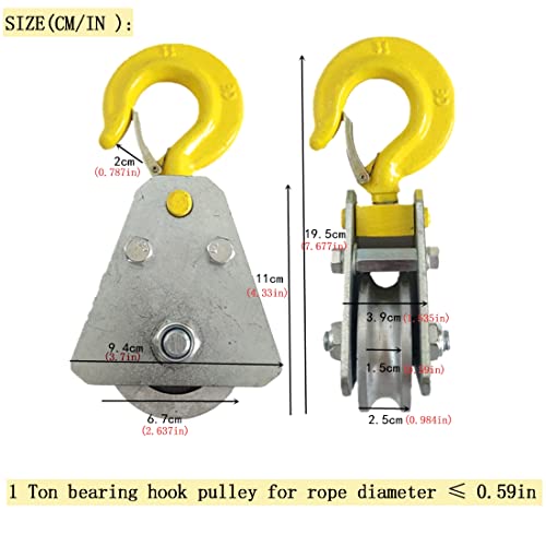 2pcs 1 Ton Snatch Block with Hook Bearing Pulley Hook Lifting Trolley Wire Rope Electric Hoist Under Hook Hoist Special Hook Household Labor-Saving Hook Small Lifting Trolley - size: 1 Ton