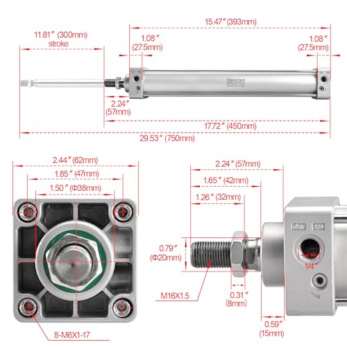 Heschen Tie-Rod Pneumatic Air Cylinder, SC 50-300, 50mm Bore, 300mm Stroke, PT 1/4 Port, Double Acting, Adjustable Cushion, Self-Lubricating Actuator for Industrial & Woodworking - size: 300mm Stroke