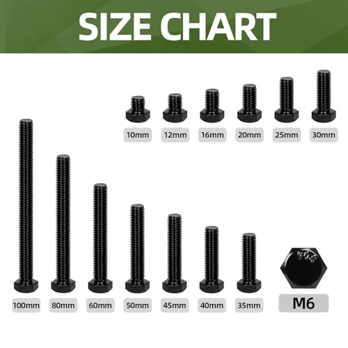 20 PCS M6 x 40mm Hex Head Screw Bolt, Stainless Hex Bolts, Full Thread, 18-8 Stainless Steel (304), Black Coating - size: M6 x 40mm