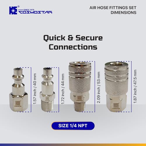 Cosmostar 16-Piece Air Hose Fittings Set | 1/4" NPT Quick Connect Air Coupler & Plug Kit | Industrial Swivel Air Tool Fittings & Compressor Accessories | Universal Auto Shop Air Compressor Adapter