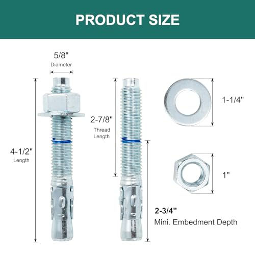 5/8" x 4-1/2" Concrete Anchors (25 Pack) 5/8 inch Wedge Anchors Bolts Zinc Plated - size: 5/8"x4-1/2"