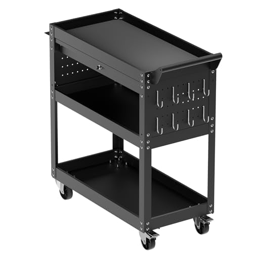 VEVOR 4-Tier Tool Cart with Wheels, 350 lbs Load Capacity, Rolling Work Cart with Drawer & Pegboard, Mechanic Tool Storage Organizer with Locking System for Garage, Warehouse and Repair Shop, Black