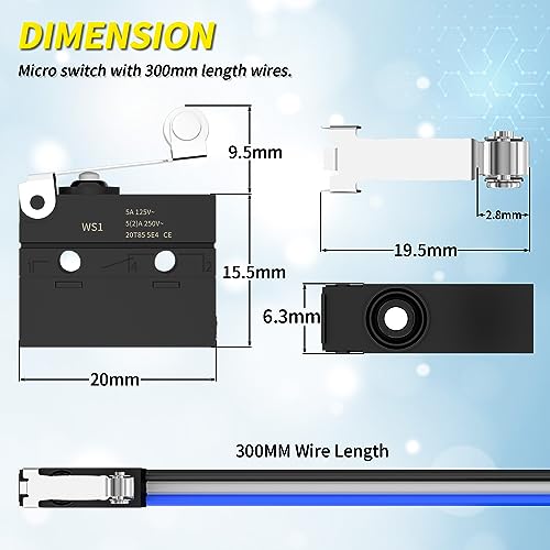 Joinfworld Micro Switch with Lever Waterproof IP67 Sealed Roller Lever Limit Switch SPDT 3 PIN Pre-Wired Micorswitch 5A 250VAC -2PC - style: WS1-Roller Lever