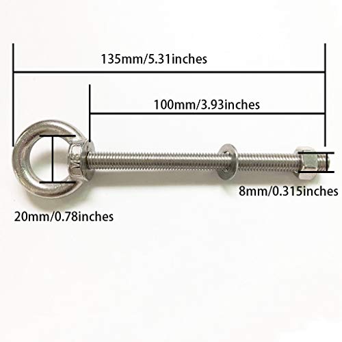 304 Stainless Steel Eye Bolt, 2 PCS M8 Heavy Duty Lifting Ring 4" Threaded Eyebolt Shoulder Eye Bolts with Nuts and Flat Washers(Thread Length 100mm) - size: m80x100(2pcs)