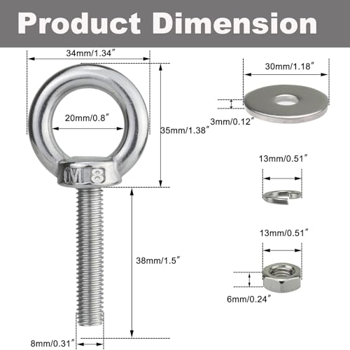 M8 Stainless Steel Eye Bolt with Nuts 4 Pack M8 x 38mm (5/16" x 1.5 inch) - size: M8x38mm (5/16"x1.5")