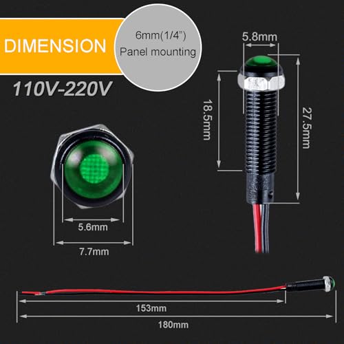 5pcs 6mm LED Indicator Light Plastic Black Signal Dot Lamp 110-220VAC 1/4" Mounting Hole Size with 15cm/5.9in. Wire (Green LED) - color: Green, size: 6mm 110-220V