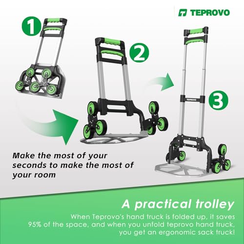 Teprovo Stair Climbing Hand Truck, Foldable Aluminum Lightweight Dolly Cart, 6-Wheel Stairs Climber Dolly 43.3” Handle, 176 lb Flat /110 lb Stair Load,Home & Warehouse No Assembly - color: Green