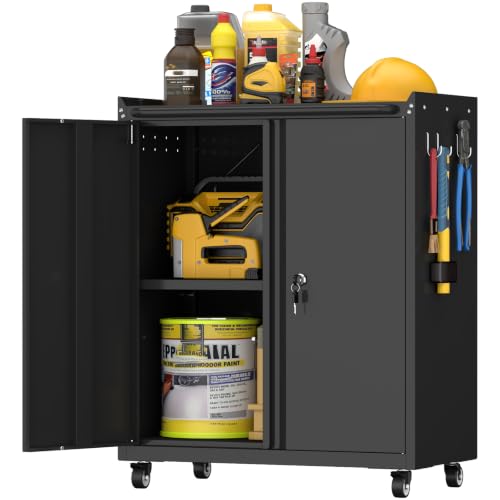 Garage Storage Cabinet with Wheels, Black Storage Cabinet with Adjustable Shelves, Rolling Cabinet with Dual-Side Pegboard, Tool Cabinets for Garage, Basement, Home Office - color: 32"h - Black