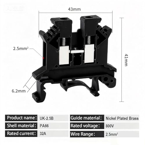 100PCS Black UK2.5B Terminal Block DIN Rail Terminal Blocks - Application for 12-22 AWG 800V Electrical Cabinets Distribution Box,Solar Power System,PLC Industrial Control Automation Panel DIY CNC RV - color: UK2.5B Black