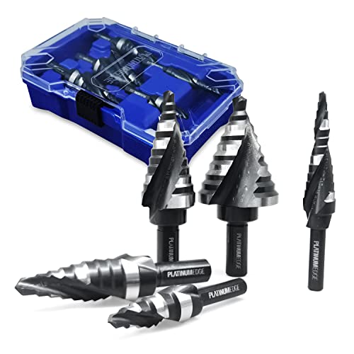 PLATINUMEDGE Step Drill Bits Set, 5 Pcs High Speed Steel Step Drill Bit for Sheet Metal, 50 Step Sizes Hole Drilling, Double Flute Cutting Blades, Nitride Black Coating and Polished, Storage Box