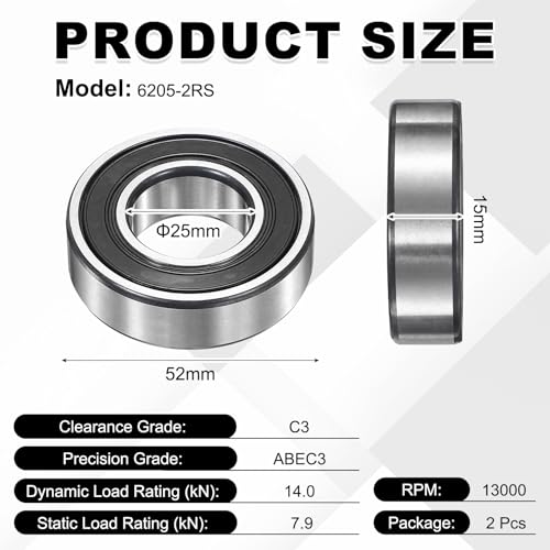 uxcell 2Pcs 6205-2RS Deep Groove Ball Bearings, 25x52x15 mm High Speed Double Rubber Seal Bearings Pre-Lubricated and Stable for Industrial Machinery Repairs 3D Project - size: 6205-2RS(25x52x15 mm)