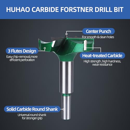 HUHAO 2-3/8" | 60mm Triple Flute Forstner Drill Bit, Tungsten Carbide Upgraded Drilling Hole Saw Woodworking Hinge Cutter Tool Kits for Wood,Plywood,Plastic,MDF - size: 60 mm