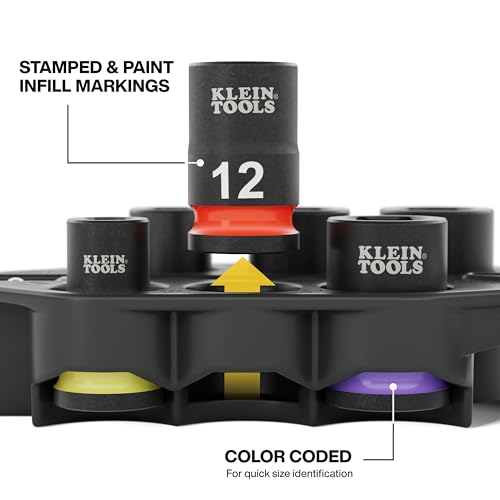 Klein Tools 33808M Grab-And-Go Impact Socket Set, Metric, 7-Piece Set with Sleeve, Carabiner, 3/8-Inch Drive, Color-Coded 8 mm, 10 mm, 12 mm, 13 mm, 14 mm, 15 mm Sockets - style: 7-Piece Metric