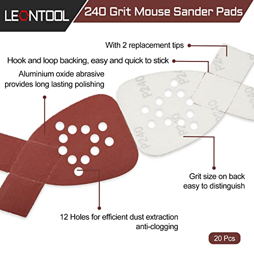 20 Pcs Mouse Detail Sander Sandpaper 240 Grit 12 Hole Mouse Sander Pads with 2 Extra Tips for Replacement Hook and Loop Sandpaper Triangle Sanding Sheets Aluminum Oxide Sanding Pads - style: 240 Grit