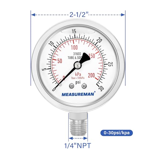 MEASUREMAN Fully Stainless Steel Hydraulic Glycerin Filled Pressure Gauge, 2-1/2" Dial Size,0-30psi/kpa,1/4" NPT Lower Mount - size: 0-30 psi, style: Lower Mount(100% Stainless Steel)