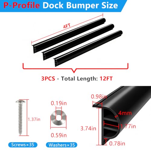 Dock Bumpers 4FT/12FT/16FT/24FT, Boat Dock Bumpers for Edging with Stainless Steel Screws and Washers, Dock Fenders Boat Dock Guards P-Profile Heavy Wall for Edge Protection 1/3/4/6 Pack Multi Color - color: Black, size: 12FT