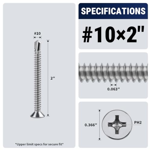 #10 x 2 Phillips Flat Head Sheet Metal Screws, Stainless Steel 410 Self Drilling Screws for Metal, Countersunk Head, Phillips Drive, Self Tapping, 50 Pack - size: #10 x 2"