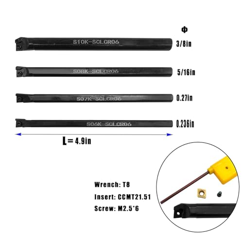 Mini Metal Lathe Tools Boring Bar Set 15/64in,9/32in,5/16in,3/8in Shank Turning Tool Holders with CCMT21.51 CCMT06 Boring Bar Replacement Carbide Turninng Inserts for Steel - color: 4pcs boring bars + 10pcs CCMT21.51