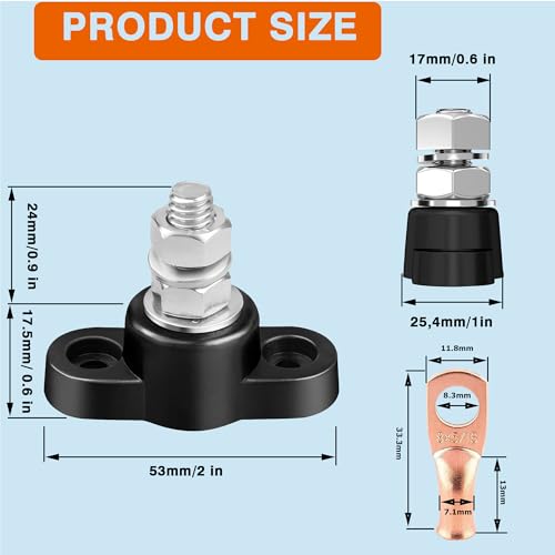 2 Pack 12V 250A Power Distribution Block 5/16" Single Stud Busbar - size: 5/16 "busbar connector