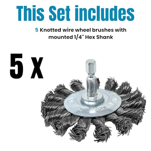 3in Knotted Wire Brush for Drill and Impact Driver, 1/4in Hex Shank, 5pk