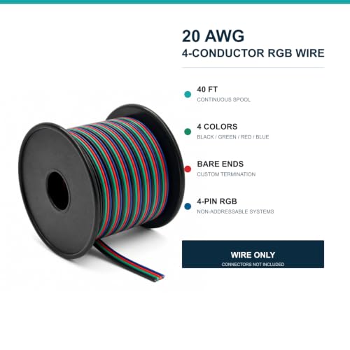 TUOFENG 20 AWG 4 Conductor Extension Wire for 4 Pin RGB LED Strips, 40 ft - size: 20 awg 4 parallel lines 40ft