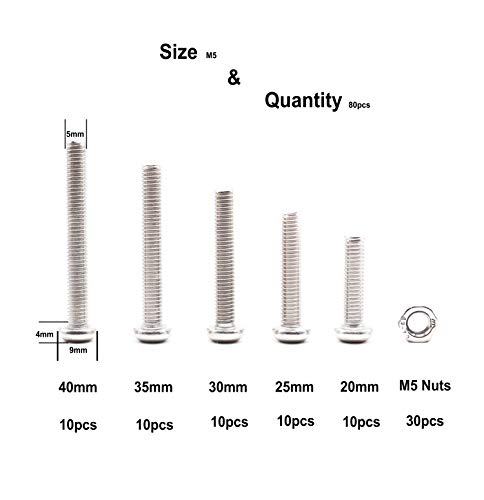 80 Pieces M5 Round Pan Head Phillips Machine Screws and Hex Nuts Assortment Kit, 20mm /25mm /30mm /35/mm /40mm,304 Stainless Steel