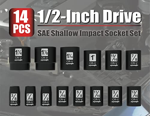 EPAuto 1/2-Inch Drive SAE Shallow Impact Socket Set, CRV, 6-Point 14 Sockets - style: SAE - Shallow