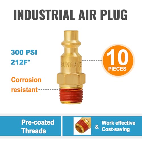 SUNGATOR Brass 1/4 Inch Male Air Plug, 10-Pack NPT Industrial Hose Fittings - size: 1/4'' Male, style: 10 Pack