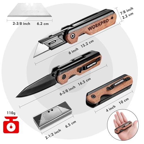 WORKPRO 2-in-1 Folding Knife/Utility Knife, Wood Handle - color: Wood