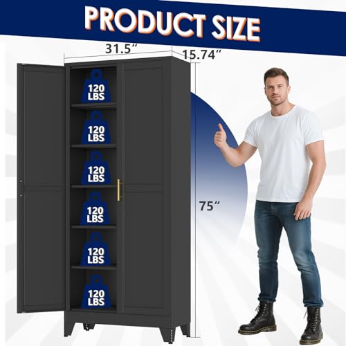 erosoei 75" H Metal Garage Storage Cabinet, Black Metal Pantry Cabinet with 2 Doors, Locker Steel Cabinet with 5 Adjustable Shelves, Freestanding Cupboard for Garage,Office,Home,Gym,School - color: Black, size: 75"-NCasNLck