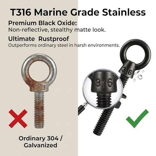 5 Pack Black Eye Bolts 1/4" x 2 Inch with Nuts & Washers, Heavy Duty T316 Stainless Steel Shoulder Eye Bolt, Right Hand Threaded Lifting Eyebolt for Outdoor, Marine Rigging & Wood - size: 1/4'' x 2inch
