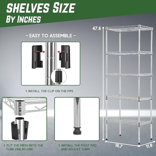 PayLessHere | 5-Tier Wire Shelf | 17"x12"x48" | Chrome - color: Chrome, size: 17"D x 12"W x 48"H