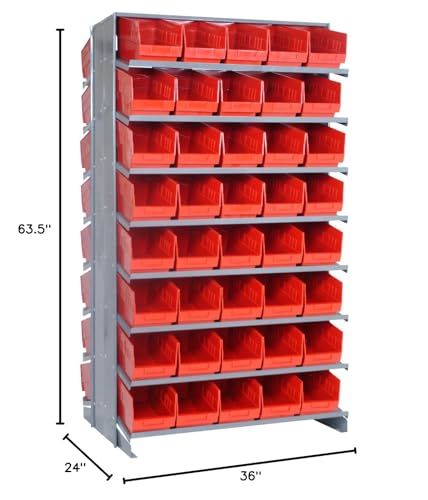 Quantum QPRD-202RD Double-Sided Display Sloped Pick Rack for Warehouse Retail Store | 800 lbs Capacity | (80) QSB202 Red Bins; (16) Shelves Configuration | 24"L x 36"W x 63.5"H, Gray, Carbon Steel - size: 64" H x 36" W x 24" D, style: 12" L x 7" W x 6" H