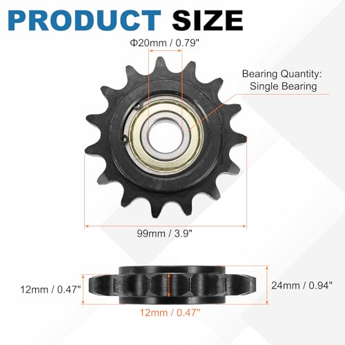 uxcell 2Pcs #60 Roller Chain Idler Sprocket, Type C 20mm Bore 3/4" Pitch 15 Tooth Tensioner, Black Oxide Finished 1045 Steel with Insert Single Bearing for ANSI #60 (DIN/ISO 12A) Chains - size: 20mm Bore 3/4" Pitch 15 Tooth
