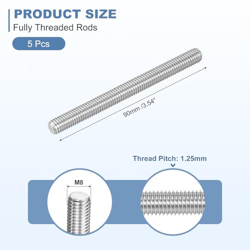 uxcell 5Pcs M8-1.25x90mm Fully Threaded Rods, Threaded Rods Bar Studs, 304 Stainless Steel Long Thread Screws Hardware for U-Bolts, Anchors, Clamps, Hangers, Silver - size: M8-1.25x90